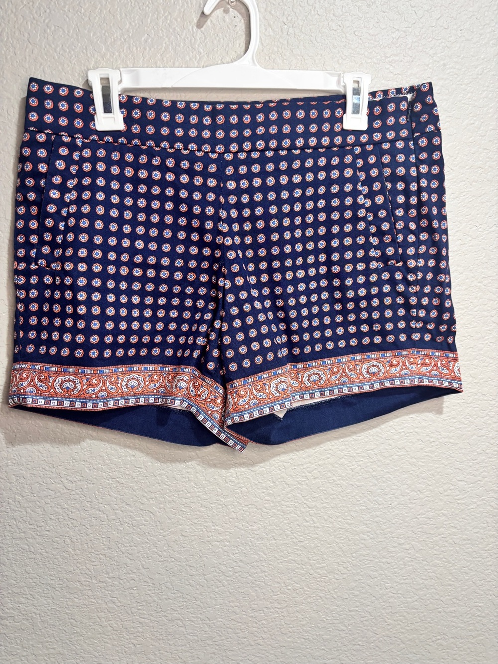 J. Crew Navy Printed Bermuda Shorts with Orange Border - Picture 2 of 4